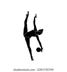 Postures of Rhythmic Gymnastics with ball flat sihouette vector. Rhythmic Gymnastics female athlete black icon isolated on white background.