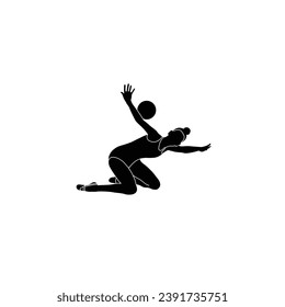 Posturas de Gimnasia Rítmica con vector de sihouette plano de bola. Icono negro de la gimnasia rítmica femenina atleta aislada en fondo blanco.