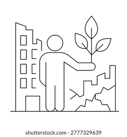 Post-war reconstruction and recovery concept vector icon. A person planting a tree amidst ruined buildings and debris, symbolizing hope, growth, and rebuilding a nation. Powerful illustration of resilience, environmental restoration, and peace after a crisis.Editable stroke, Vector illustration, Line art Icon, Symbols.