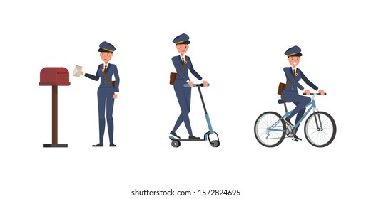 Postwoman character vector design. Presentation in various action.
