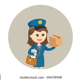 postwoman with clipboard and parcel in circle background