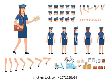 Postwoman creation kit. Create your own pose, action, animation. Various emotions, gestures, design elements. Flat design vector illustration