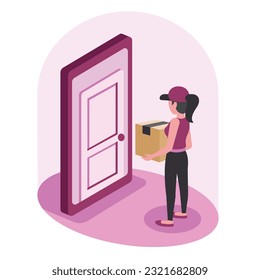 Postwoman delivering package to customer home. Female courier with heavy cardboard box in hands standing at door to client house. Flat vector illustration