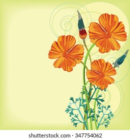 Posy of california poppy flowers, buds and leaves. Design for your birthday or save the date card. Vector illustration.