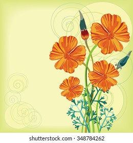 Posy of four california poppy flowers, buds and leaves with circle ornaments. Background for your birthday or memorable card.