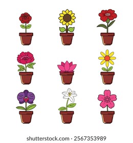 Pot and 9 Different Kind of Flowers Cartoon Set for Design Element or Sticker