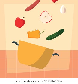 pot with apple, cucumber and pepper preparation for cooking