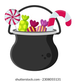 Pot, bag of candy, halloween holiday, vector illustration