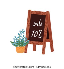 Pot with beautiful flower and wooden announcement chalkboard with sale text. Blooming plant for home decor. Flat vector design