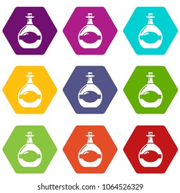 Pot bellied bottle icons 9 set coloful isolated on white for web