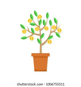 Pot with bitcoin money tree Isolated on white background. Vector flat illustration of financial income business concept.