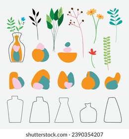 Pot, blob shape, flowers and leaves collection. vector elements. Create a unique design by combining elements or using them separately.  