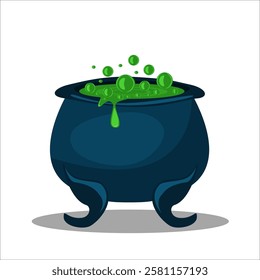 A pot of boiling green potion. Halloween decorations. Witch's cauldron. Isolated vector illustration