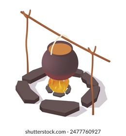 Pot boiling over a campfire with rocks around it, on a white background. Vector illustration