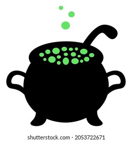 A pot of boiling potion. Silhouette. Bubbles of green color fly upwards. Vector illustration. Isolated white background. Witch brew in a metal pot. Halloween symbol. Decoration for All Saints Day. 