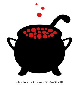 A pot of boiling potion. Silhouette. Bubbles of red color fly upwards. Vector illustration. Isolated white background. Witch brew in a metal pot. Halloween symbol. Decoration for All Saints Day. 