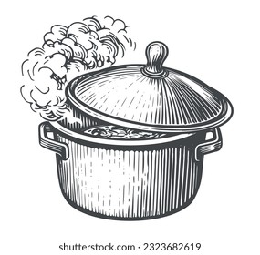 Pot with boiling soup or sauce, saucepan with open lid. Cooking Pan and steam. Vector sketch illustration