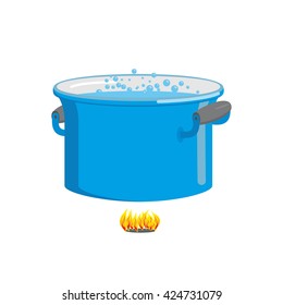 Pot of boiling water on fire. Cooking food. Blue cookware