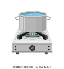 Pot of Boiling Water on Gas Stove. Cooking Pot with Boiling Water on Gas Burner. Boiling Water. Metal Pot Boiling Water