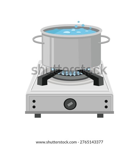 Pot of Boiling Water on Gas Stove. Cooking Pot with Boiling Water on Gas Burner. Boiling Water. Metal Pot Boiling Water