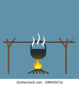 pot and bonfire cartoon vector. free space for text. wallpaper. background.