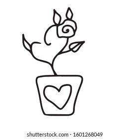 A pot with a branch flower like a heart.Vector illustration.Form for banners, postcards.Holiday.