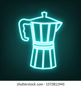 Pot for brewing coffee sign. Cyan neon icon in the dark. Bluring. Luminescence. Illustration.