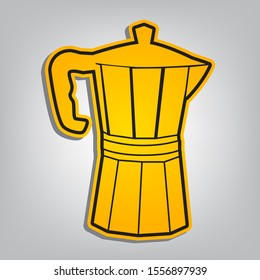 Pot for brewing coffee sign. Flat orange icon with overlapping linear black icon with gray shadow at whitish background. Illustration.
