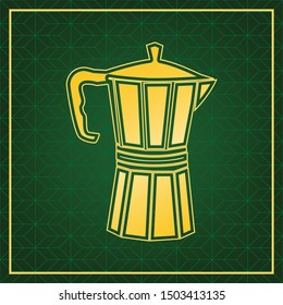 Pot for brewing coffee sign. Golden icon with gold contour at dark green gridded white background. Illustration.