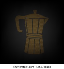 Pot for brewing coffee sign. Icon as grid of small orange light bulb in darkness. Illustration.