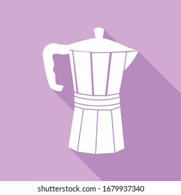 Pot for brewing coffee sign. White Icon with long shadow at purple background. Illustration.