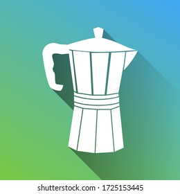 Pot for brewing coffee sign. White Icon with gray dropped limitless shadow on green to blue background. Illustration.