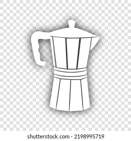 Caca para preparar el cartel de café. Icono blanco con sombra gris natural caída en fondo transparente. Ilustración.