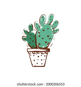 Una olla con un cactus dibujado. Decoración casera. Ilustración vectorial.