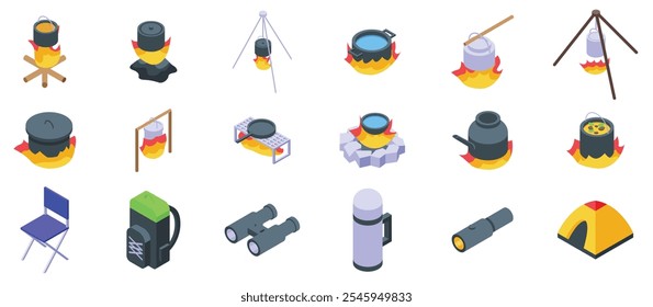 Pot campfire icons set. Cooking on campfire, camping equipment icons set, isometric style