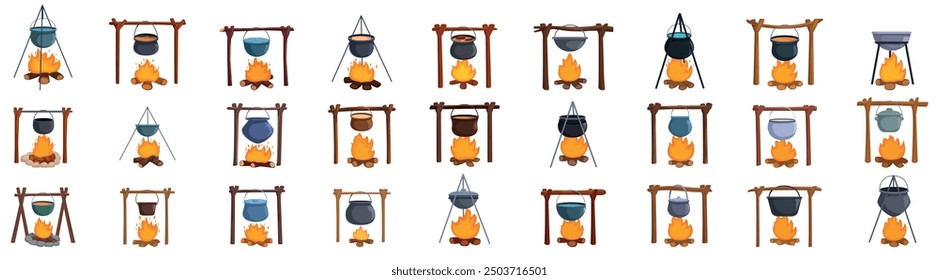 Pot campfire icons set. Large set of different boiling pots hanging over campfire cooking food, isolated on white