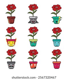 Pot and Carnation Flower Cartoon with Cute Emoticon Set for Design Element or Sticker