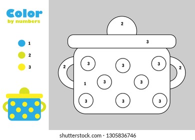 Pot in cartoon style, color by number, education paper game for the development of children, coloring page, kids preschool activity, printable worksheet, vector illustration