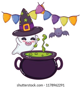 pot cauldron and ghost with hat and bat