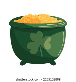 pot cauldron with gold coins and clover leaf, flat illustration, st patrick's day