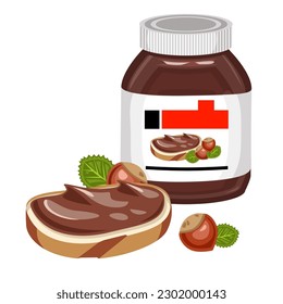 Pot with chocolate butter and piece of bread. Nuts butter. Packaging, bottle. Vector