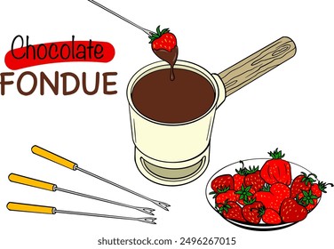 pot of chocolate fondue with strawberries and skewers. Perfect for menus, recipes, party invites, or food blogs.