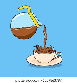 a pot of coffee floating pouring coffee into a cup cartoon icon illustration. food and drink concept icon isolated with flat cartoon style