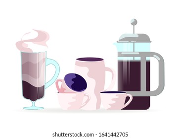 Pot and coffee mug isolated on white background. Different types of hot drink. Flat Art Vector illustration
