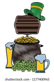 Pot coins with beer and wooden sign scribble