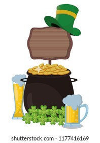Pot coins with beer and wooden sign