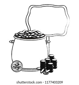 Pot with coins and blank wooden sign sketch
