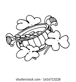 pot with coins & clover leaves, symbol of luck. St. Patrick's day holiday element, vector illustration with black contour lines isolated on a white background in a Doodle and hand drawn style