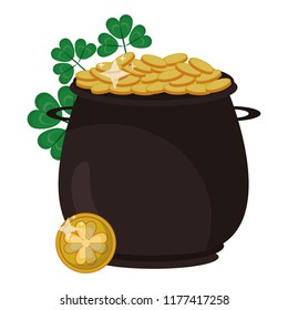 Pot with coins and clovers