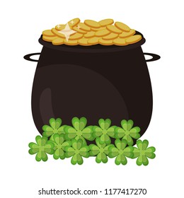 Pot with coins and clovers